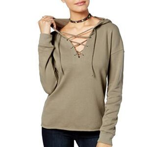 Ultra Flirt Army Green Lace Up V Neck French Terry Hoodie Sweatshirt Small
